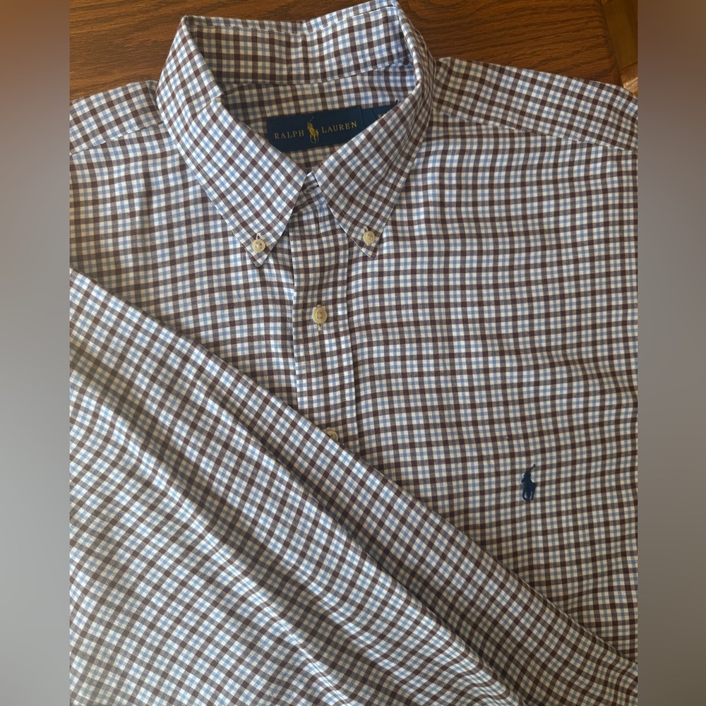 Ralph Lauren Men’s Brown Blue and White Checkered Casual Button Down Shirt XLT